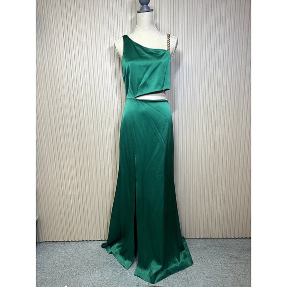 Alice + Olivia Karoline Chain Shoulder Cutout Gown In Emerald Size 10 - Picture 6 of 11
